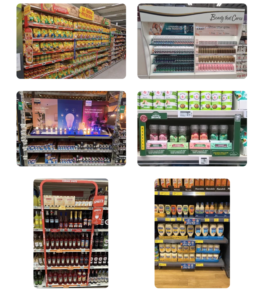 On-shelf display examples from the Roamler Awards, including Campari, Jardin Intense and Old El Paso